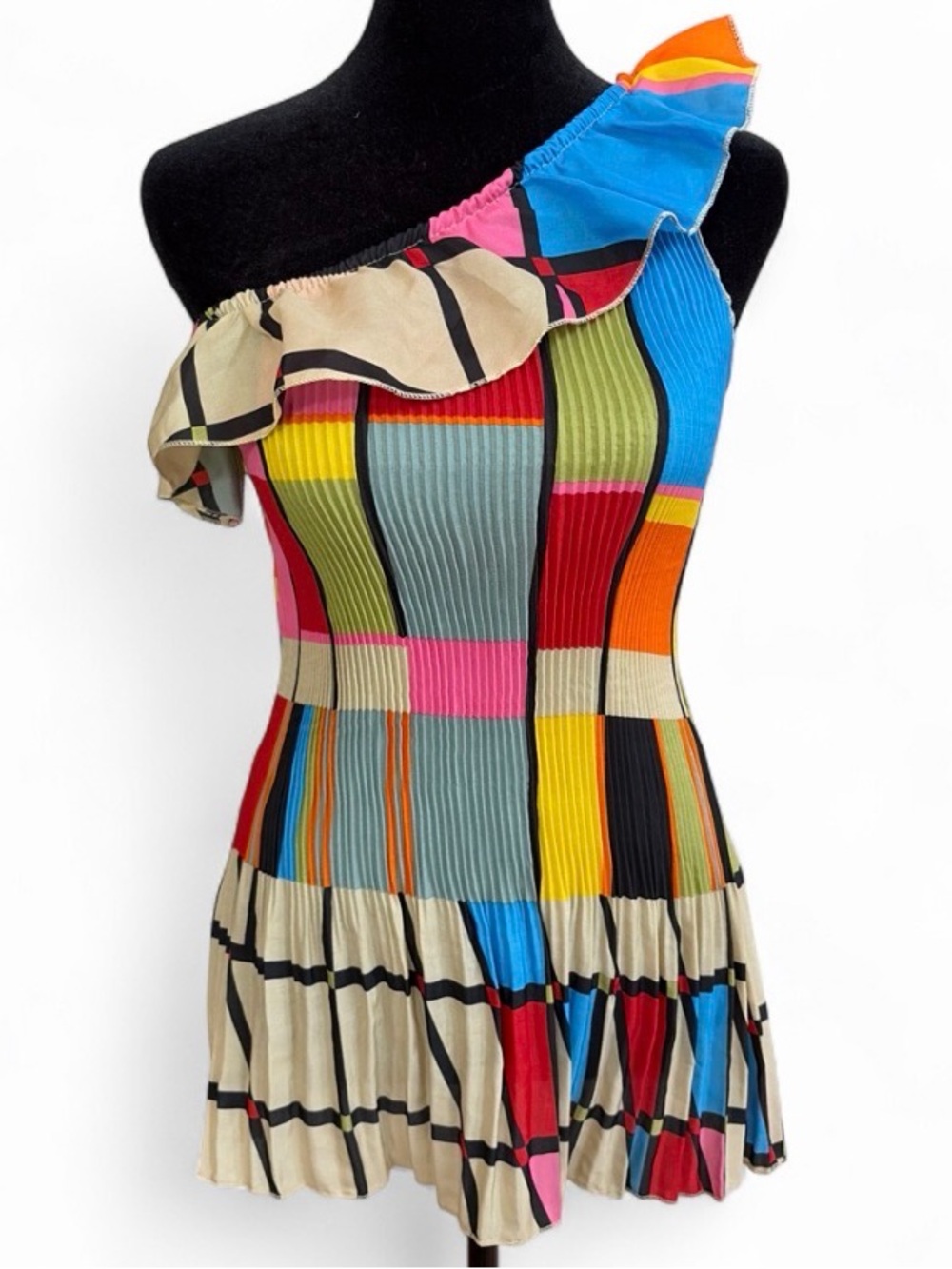 EROW Y2K Pleated Asymmetrical Colorblock Multicolor Mini Dress Tunic Shirt Top